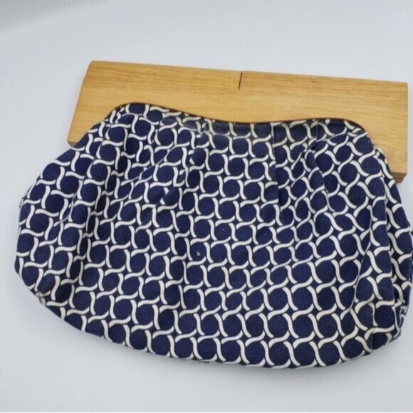 Old Navy Retro Style Wood handle Clutch Navy Blue Off White - Picture 2 of 15
